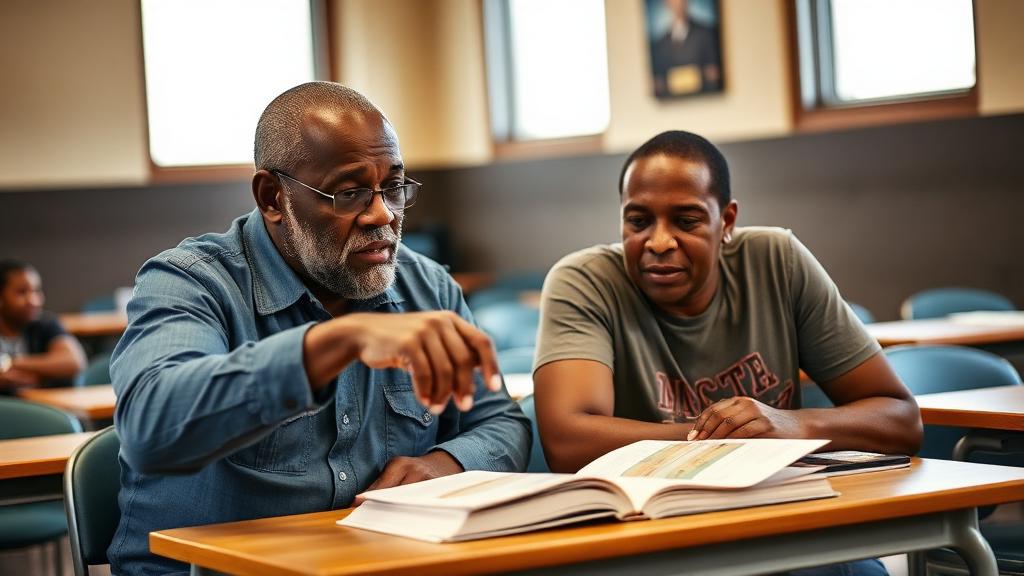 A mentor pointing at a printed workbook with an adult learner in a community training room.