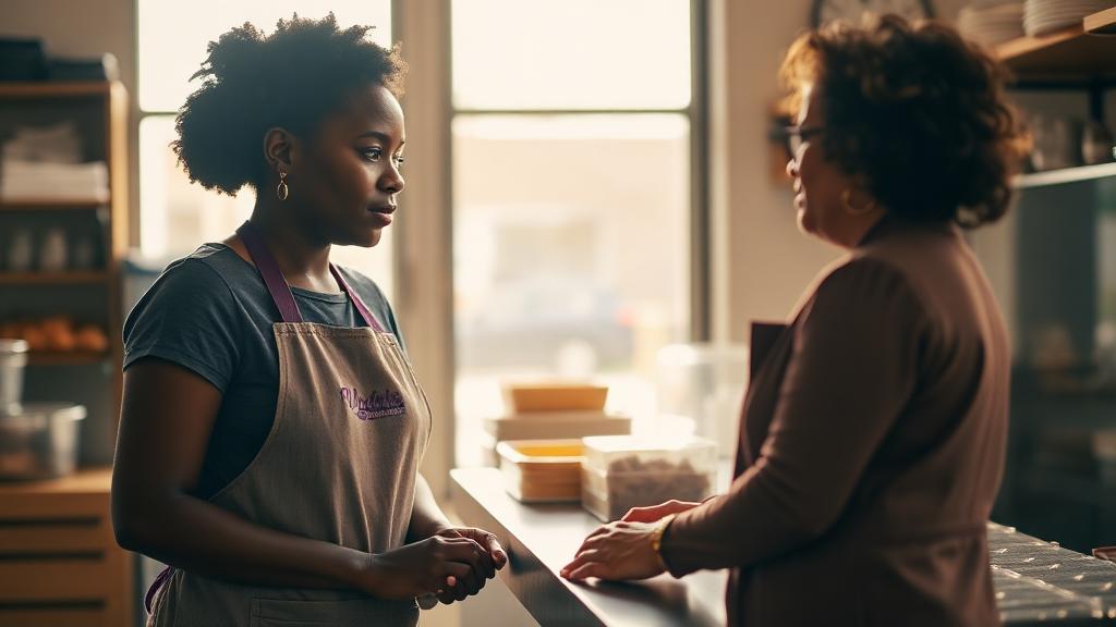 A small-business owner standing in her own bakery storefront, in conversation with a Foundation representative across the counter.