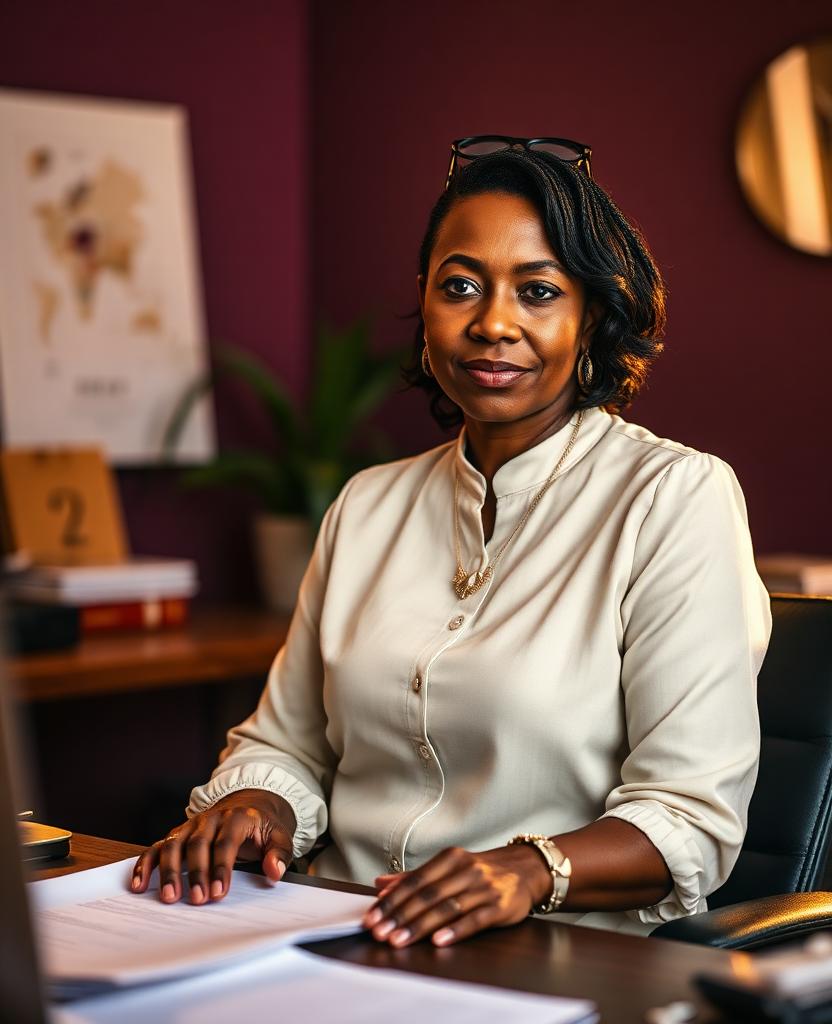 Dawne Lampkin, Founder & CEO of DJ Elite Solutions, seated at her desk in a warmly lit office.