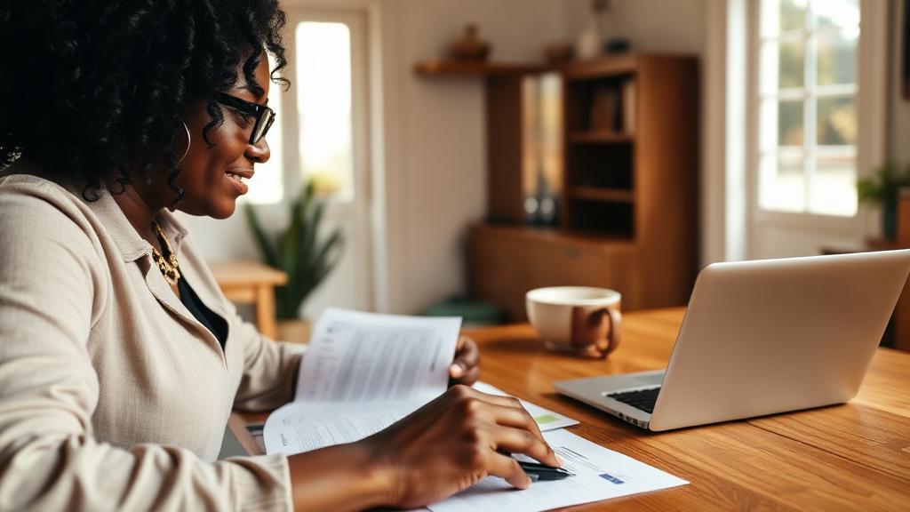 Tax preparer reviewing a return with a client at a warmly lit kitchen table.