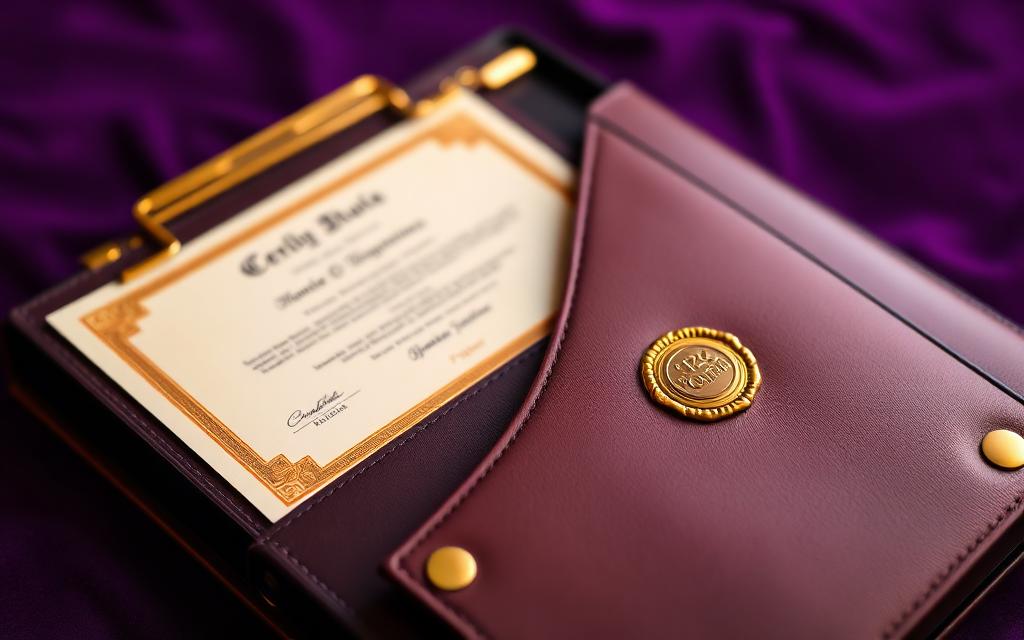 Leather portfolio with certificate and gold seal