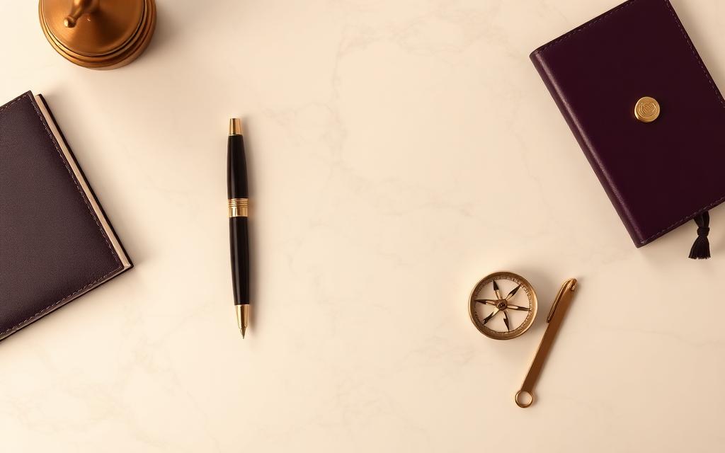 Executive desk with pen, notebook and compass